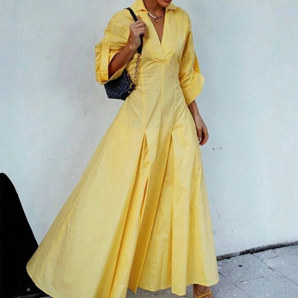 Dresses & Skirts - Yellow Elegant Women's V-Neck Long Sleeve Flared Hem Chic Maxi Dress